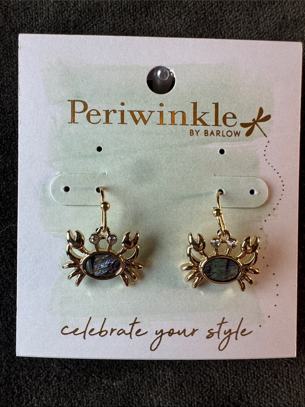 0442-Periwinkle by Barlow Gold Crab Earrings with Iridescent Abalone